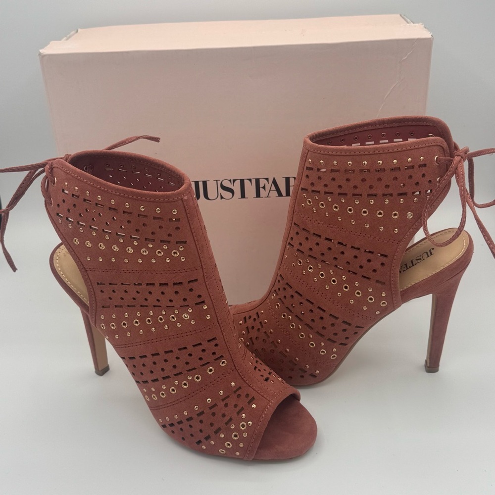 JustFab Nova Rosette Laser-Cut Slingback Heels Dress Sandals Booties